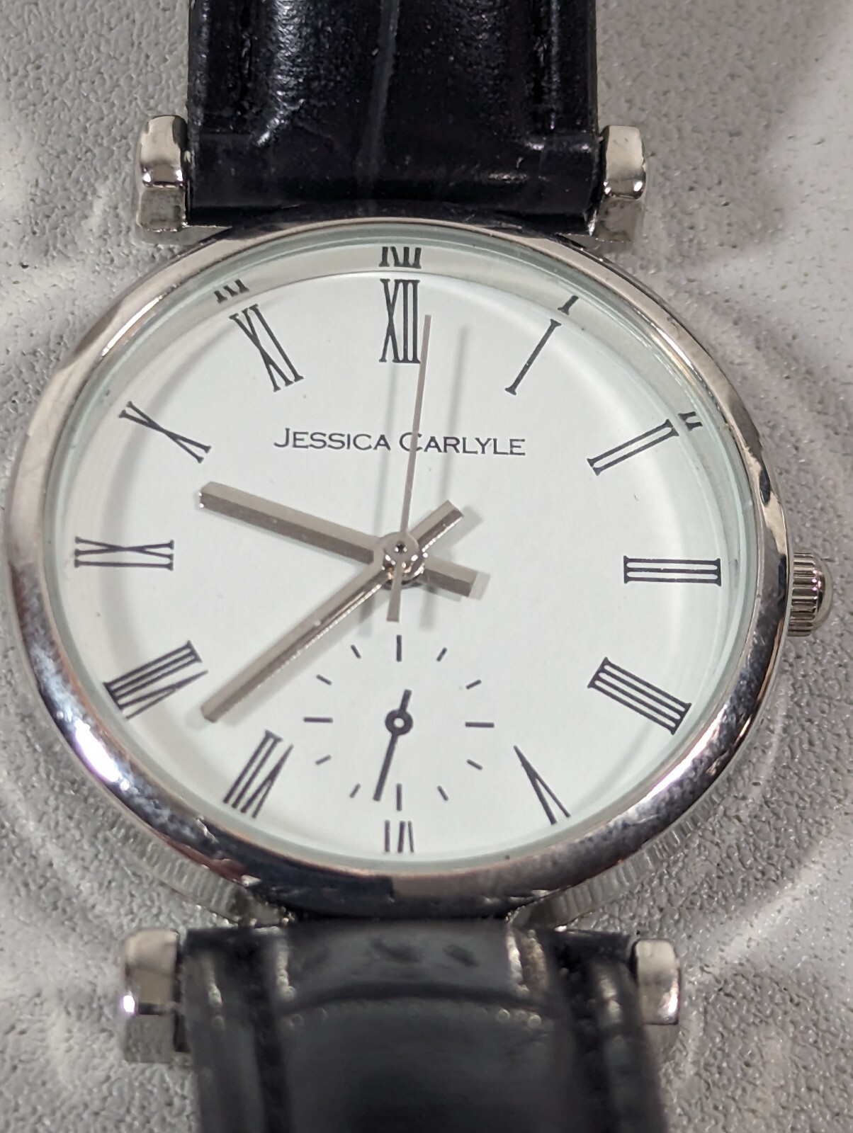 Jessica Carlyle White Dial Silver Tone Round Case Black Band Watch 7.25 Inch