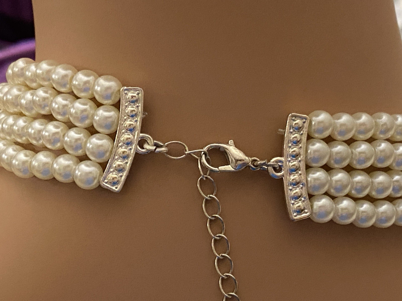 Elegant Four Strand Faux Pearl Special Occasion Choker Necklace with Big Sparkle