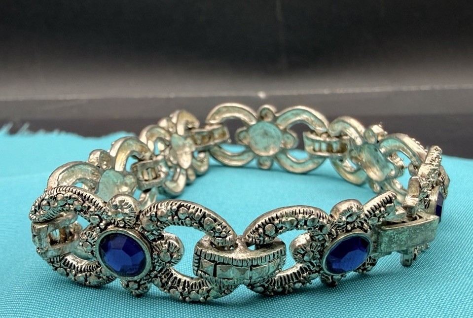Art Deco Style Bracelet Moisonnite, Blue Saphhire Colored Cystals Silver 7.5”