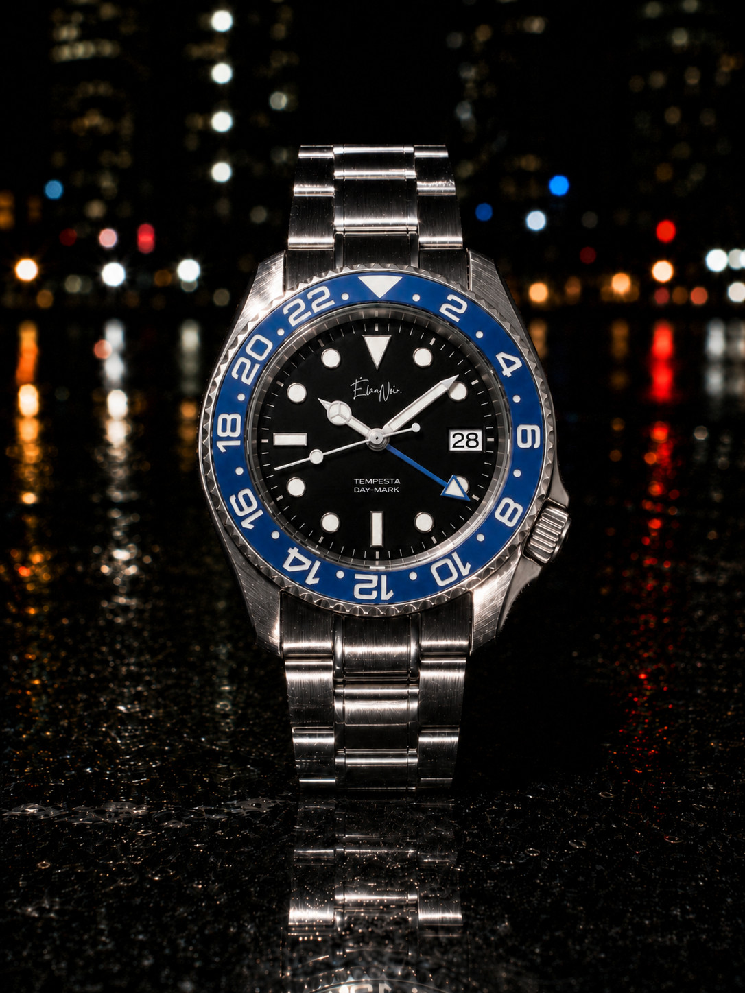 Custom Élan Noir Tempesta Exhibition GMT Watch 41mm Steel Black/Blue NH35 Auto
