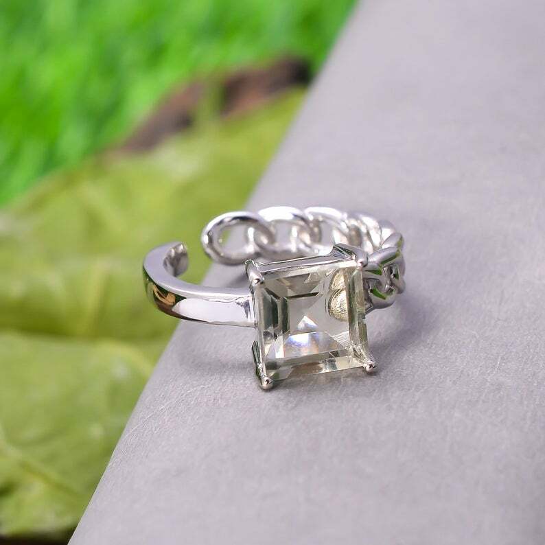 92.5 Sterling Silver 4.1 Gram Finger Ring Band Natural Green Amethyst Gemstone