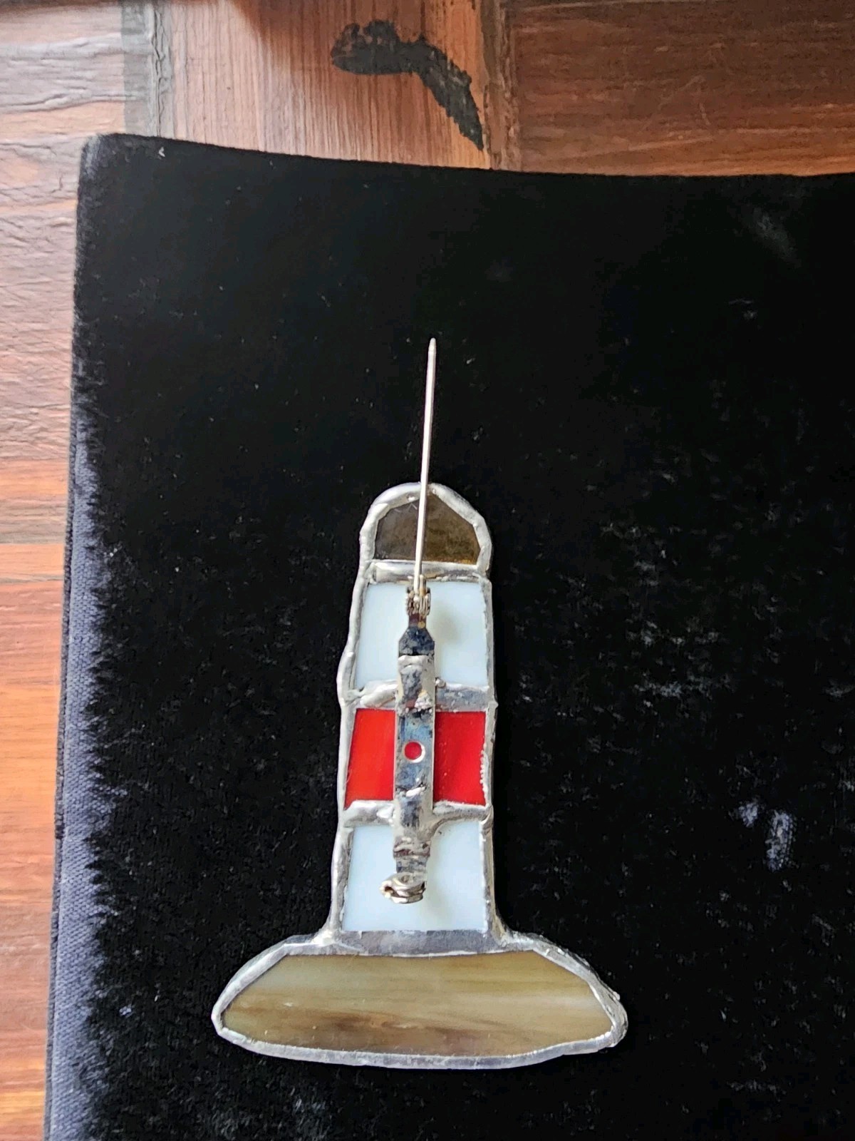 Vtg Retro Handmade Stained-Glass Large 3″ Lighthouse Brooch Pin Red White Sand