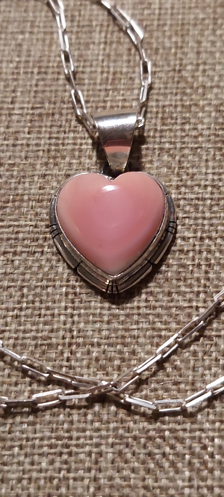 New Large Navajo Artist SS & Natural Pink Conch Heart Pendant with Paper Clip