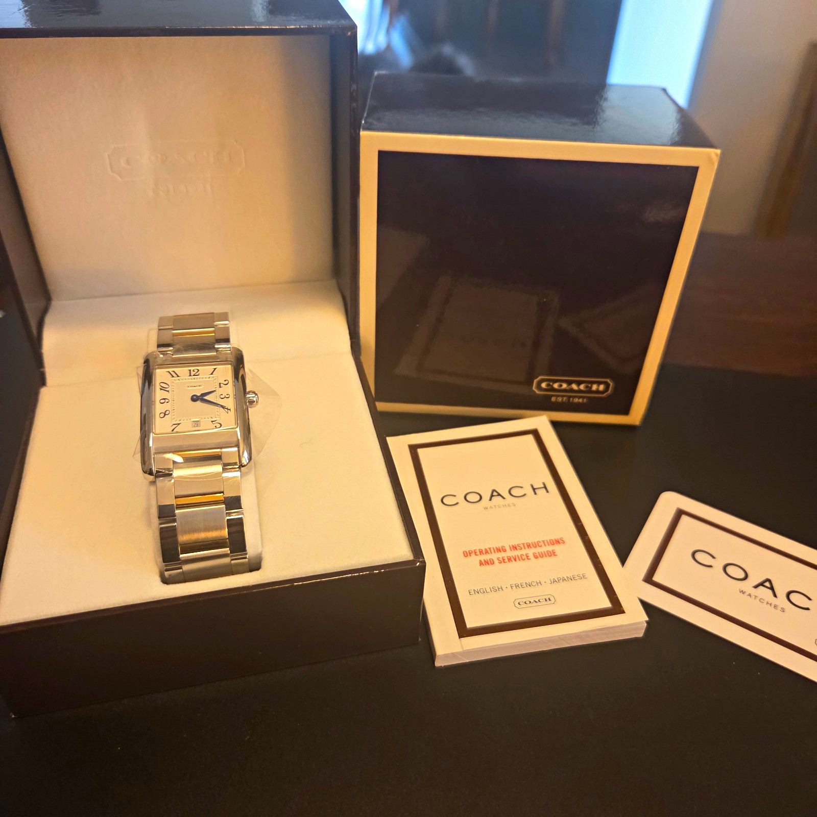 Coach Tank Swiss Made Quartz Date Rectangular Silver Dial SS Watch Box Papers