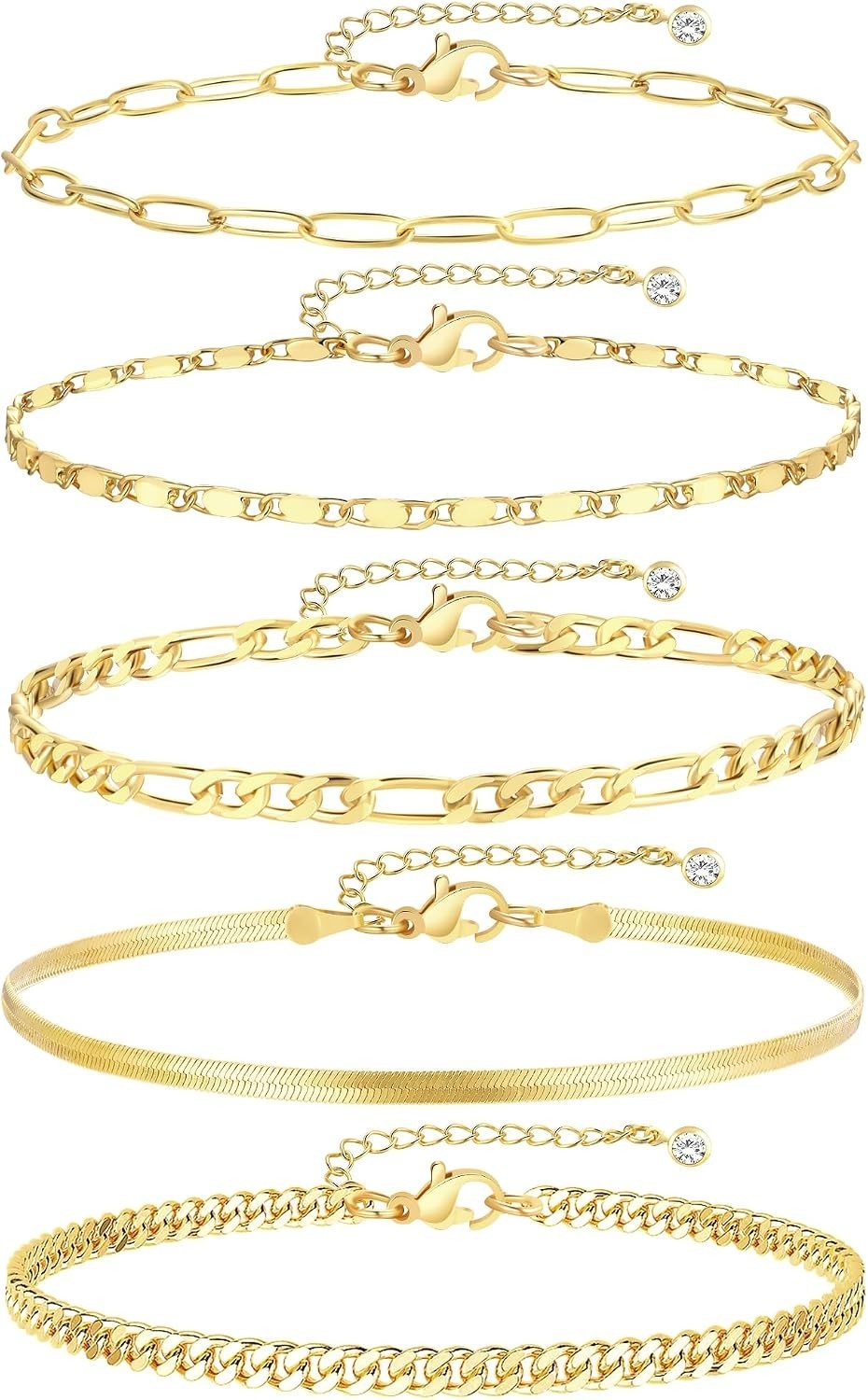 Exquisite 4k Gold Plated Cuban Link Ankle Bracelets Set – Adjustable 5pcs