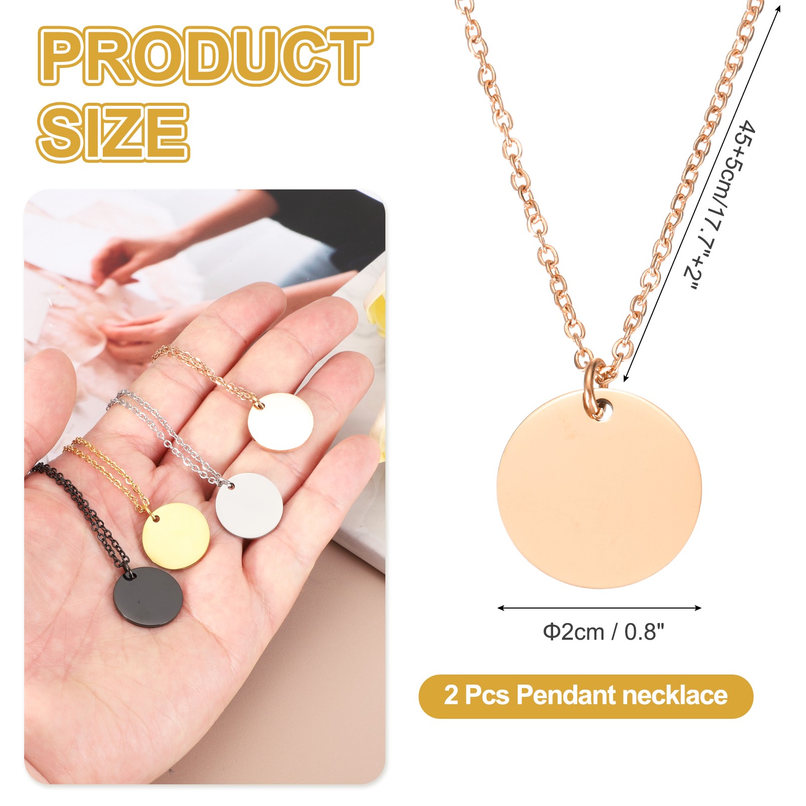2Pcs Stainless Steel Round Pendant Necklace Engravable(0.8″, Rose Gold)