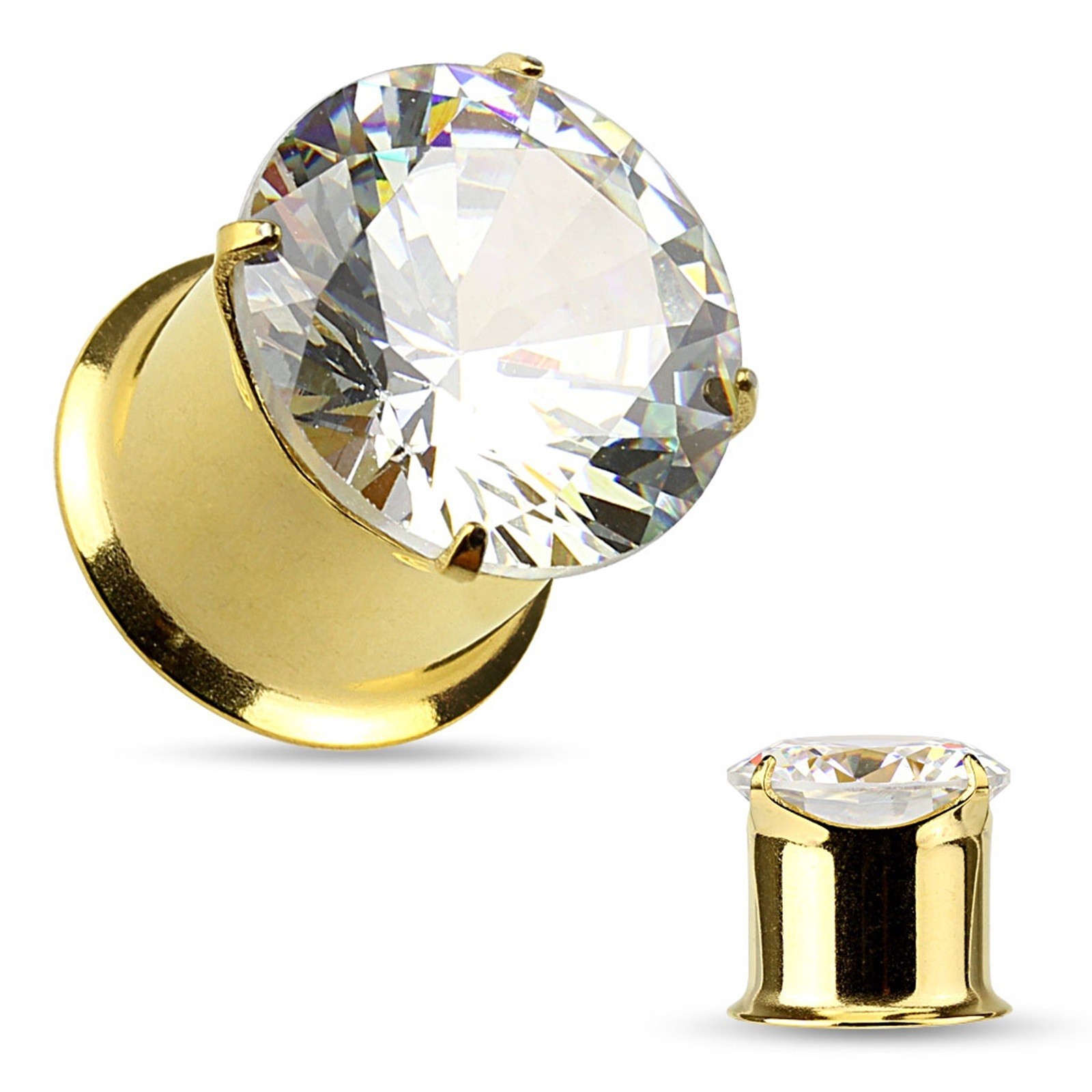 PAIR-Super Clear Pronged Gem Gold IP Double Flare Ear Plugs 04mm/6 Gauge