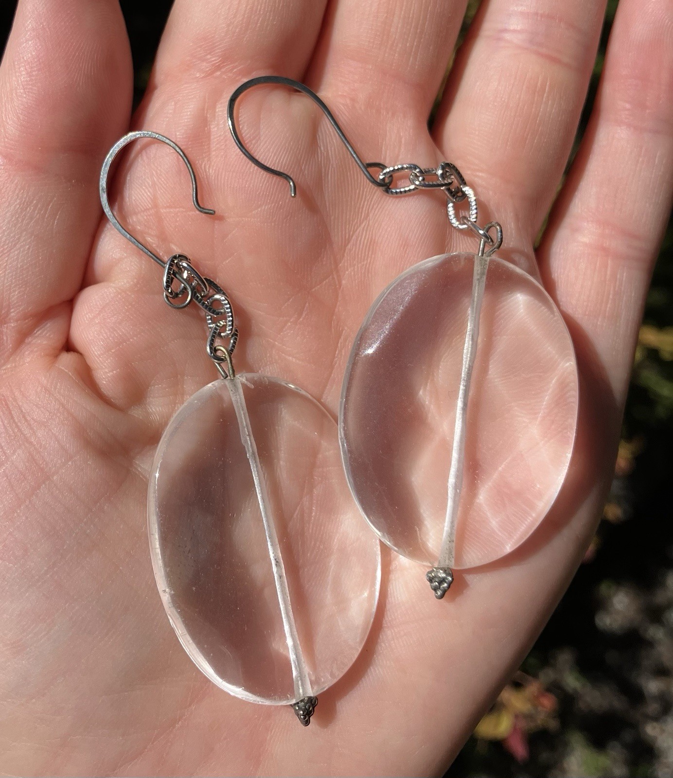 Round Faceted Clear Quartz Dangle Earrings, Artisan made, 3.5 inches long