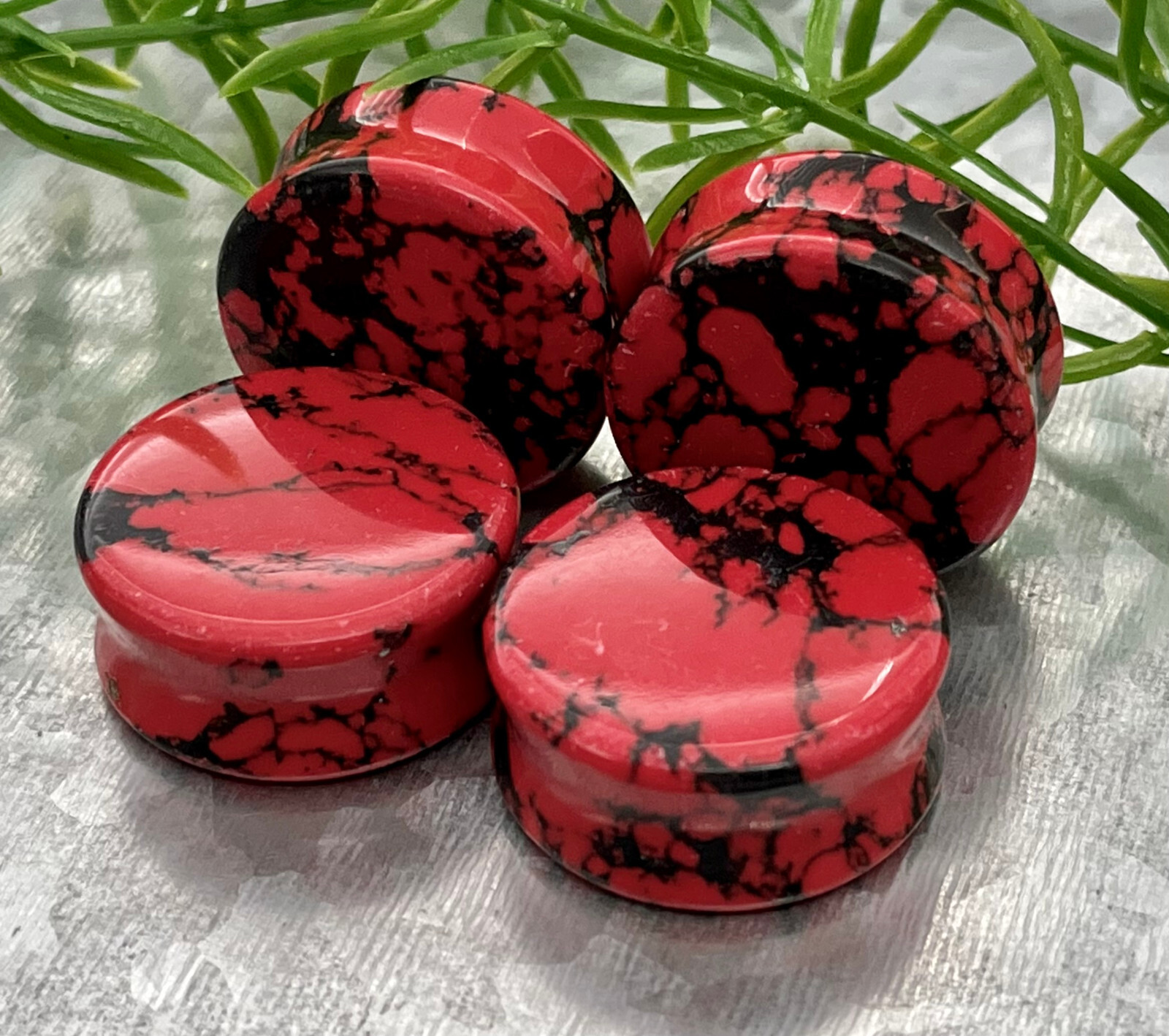 PAIR Black & Red Synthetic Turquoise Stone Plugs Earlets Tunnels Gauges