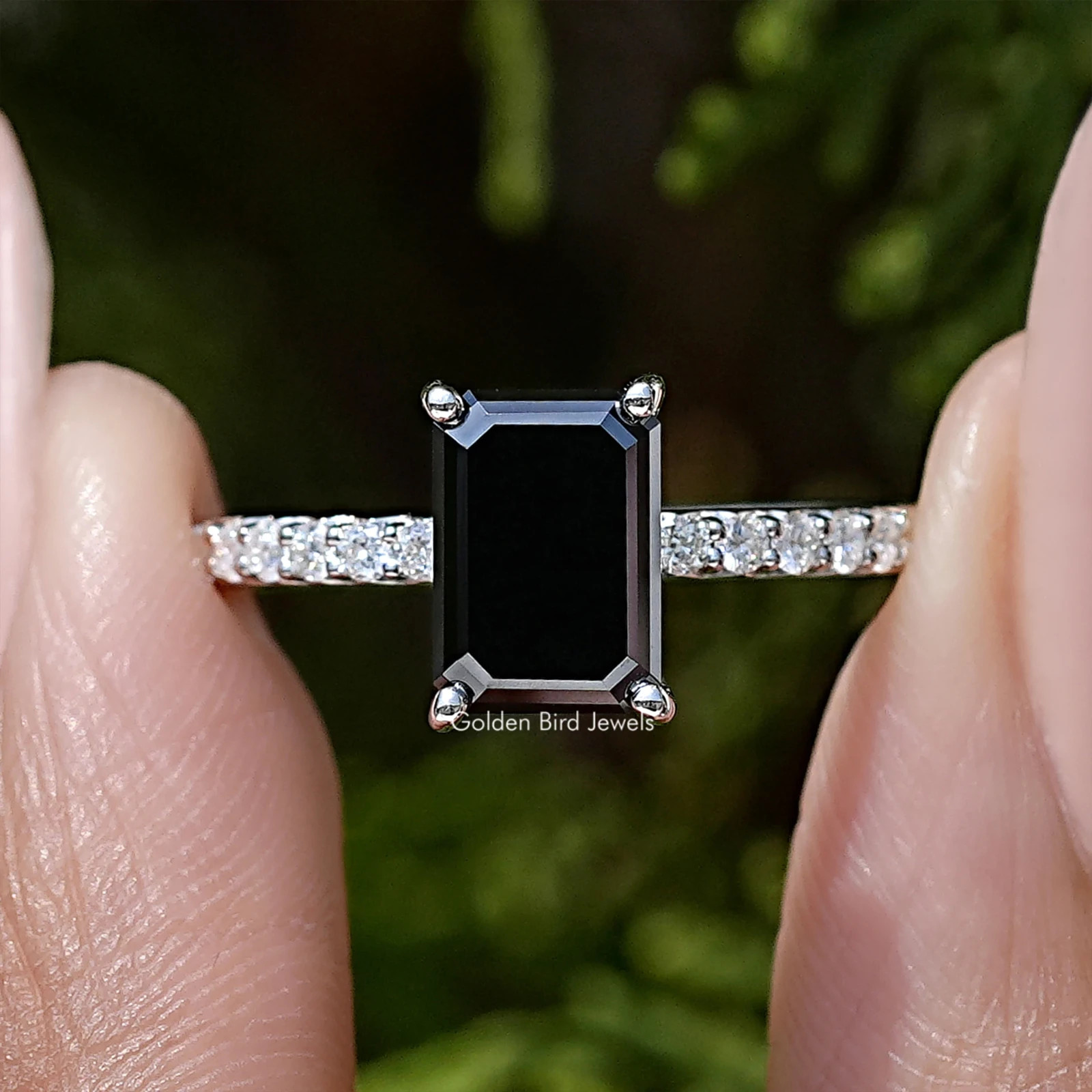 Emerald Black Moissanite Solitaire Accent Ring