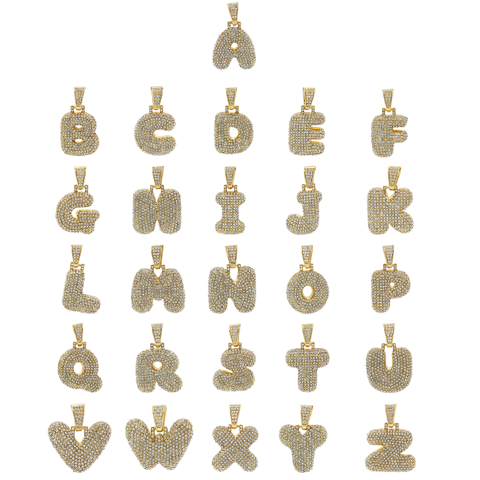 Alphabet Bubble Letter Pendant Cubic-Zirconia 24″ or 30″ Cuban Chain Gold Plated