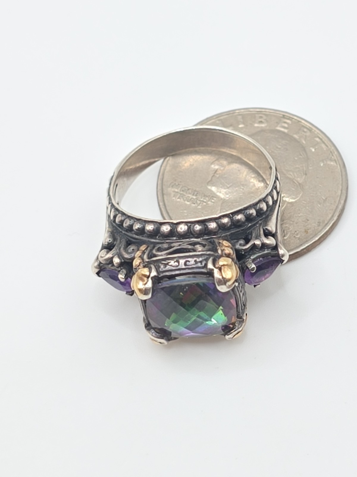 Barbara Bixby Sterling Silver 925 & 18k Mystic Topaz Amethyst Ring Size 9 8.5g
