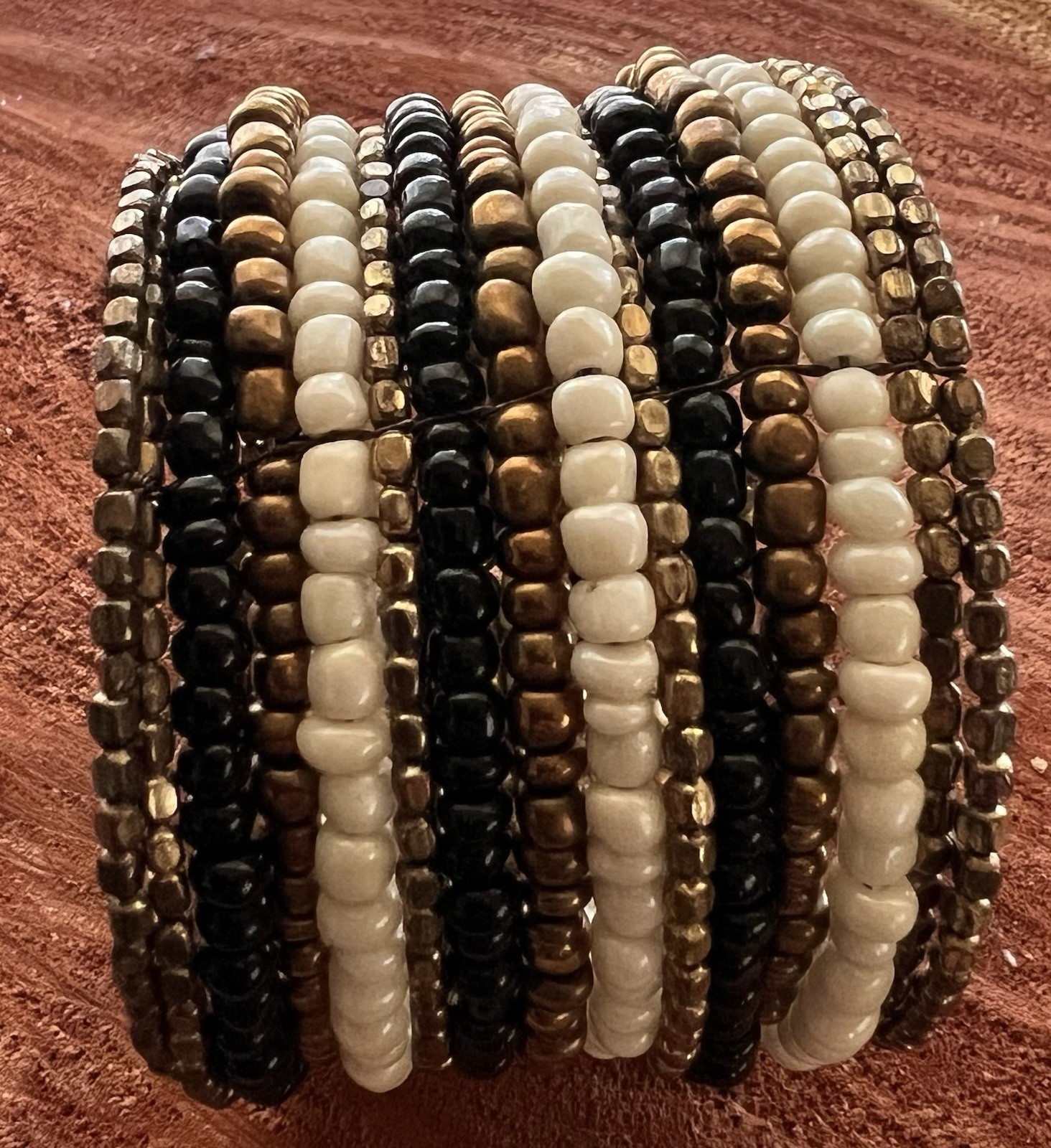 Boho Multi Strand Beaded Memory Wire Cuff Bracelet Black Cream Bronze