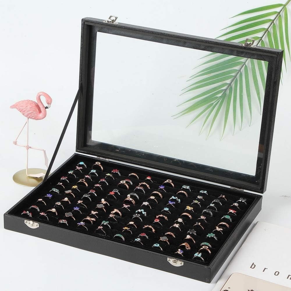 Elegant Black Ring Display Case with 100 Slots & Transparent Lid, 10×14 inches