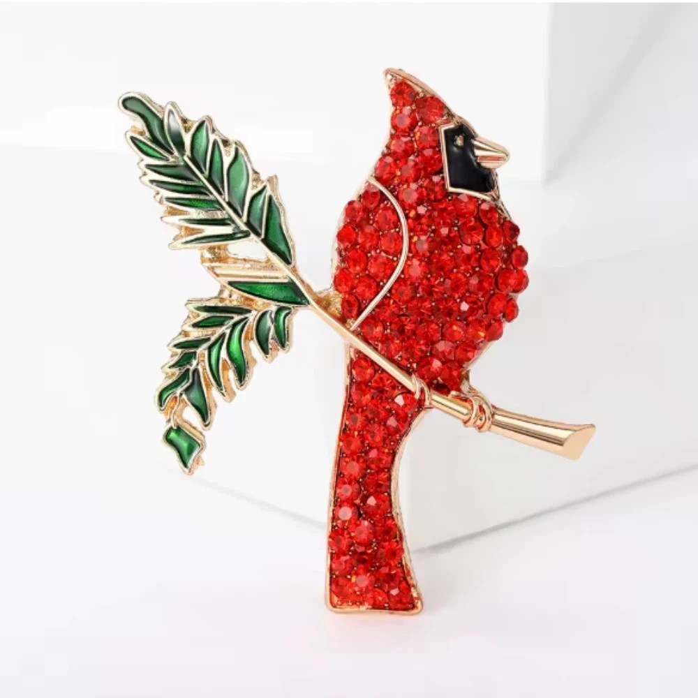 Luxury Christmas Northern Cardinal Red Bird Brooch Crystal Rhinestone Animal Pin