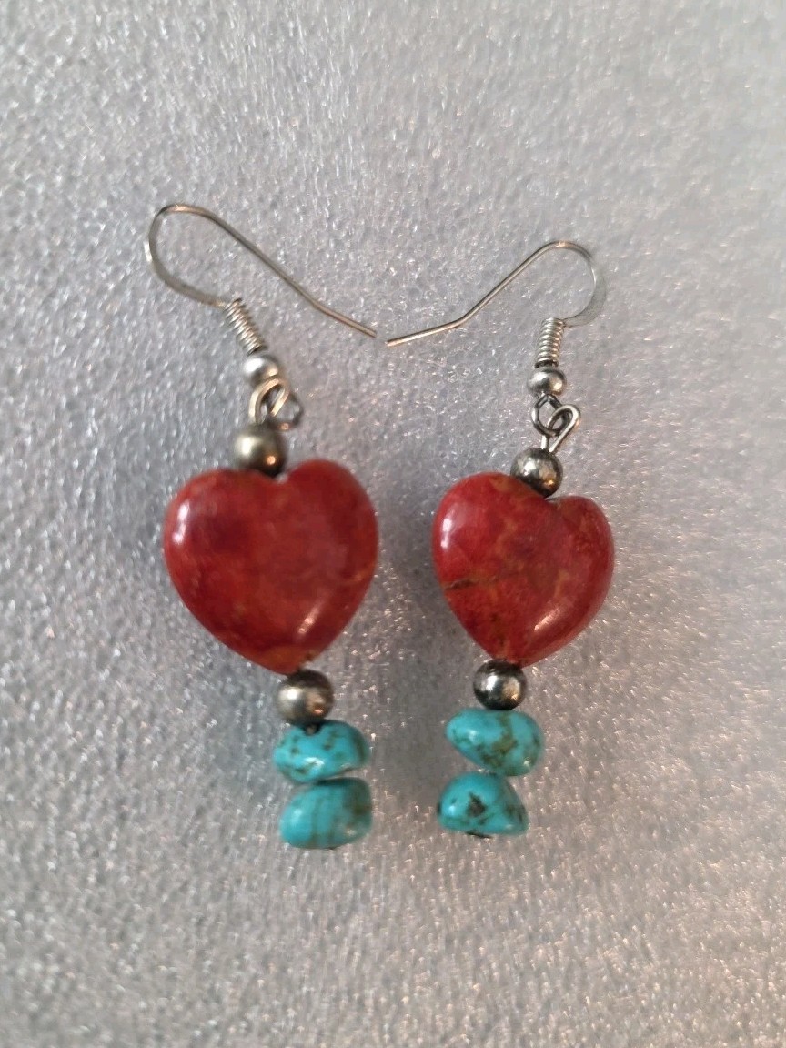 Red Heart Coral & Turquoise Bead Dangle Earrings N.A. Southwestern Handmade