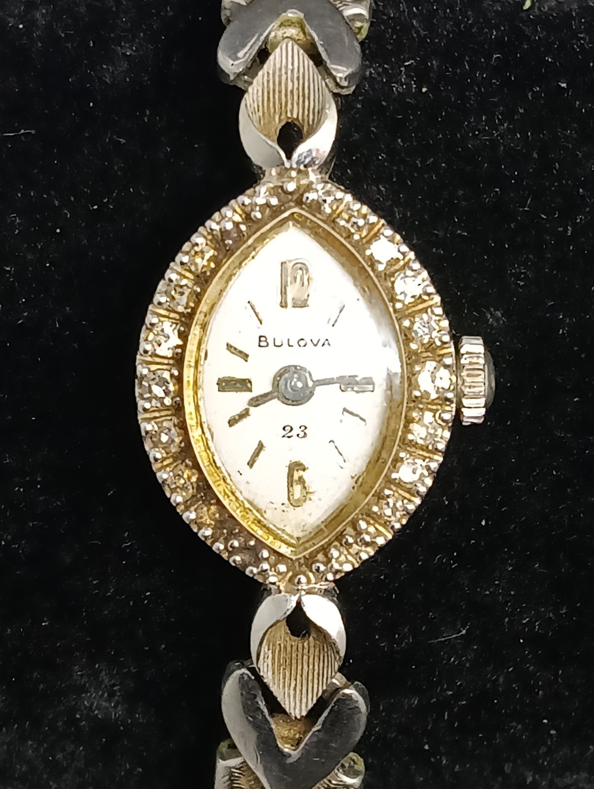 Vintage Bulova 23 Jewel 14K White Gold Marquise Diamond Watch Head For Repair
