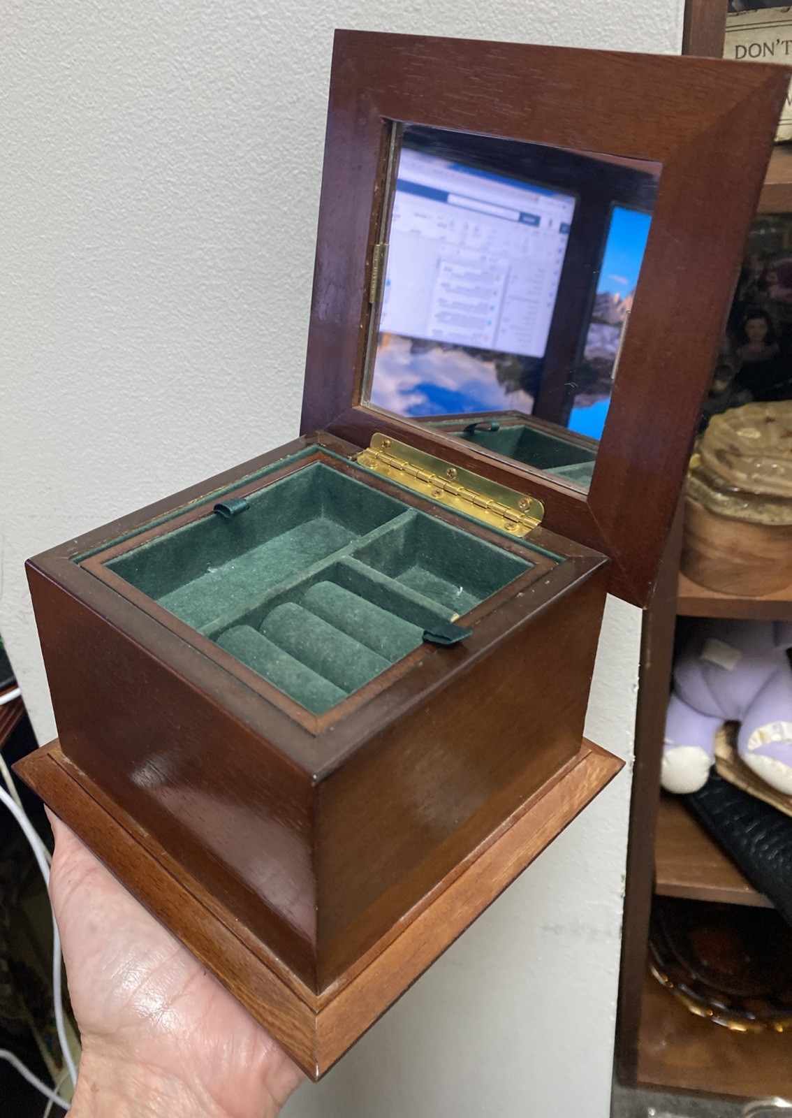 Wooden Jewelry Box 6x6x4″ Hinged Lid Two Levels Mirror Green Velvet Interior