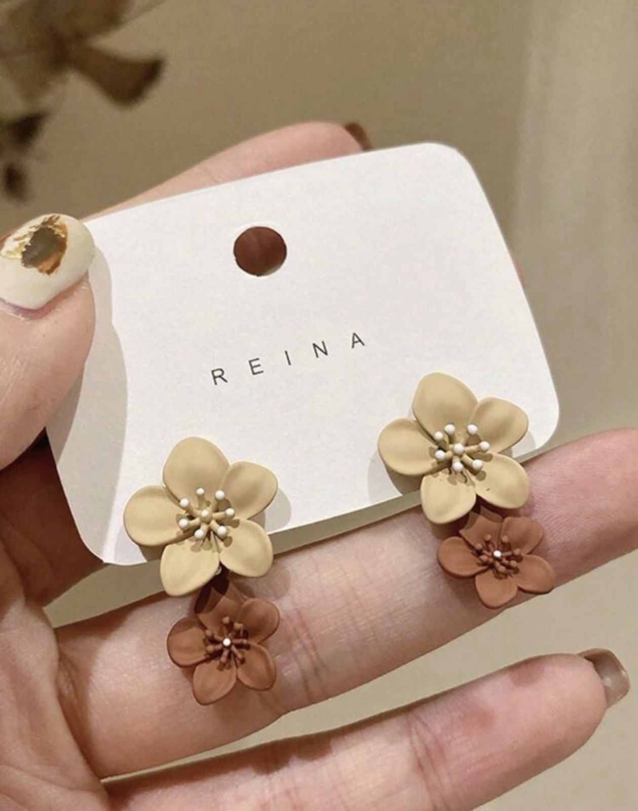 REINA Beige/Brown Flower Plastic Dangle/Drop Earrings, Butterfly, No Stone