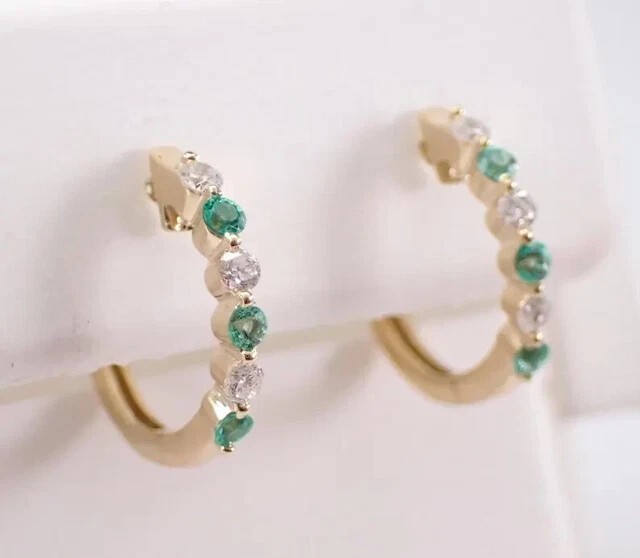 Huggie Clip On Earrings 2Ct Round Cut Simulated Emerald 14K Yellow Gold Plated