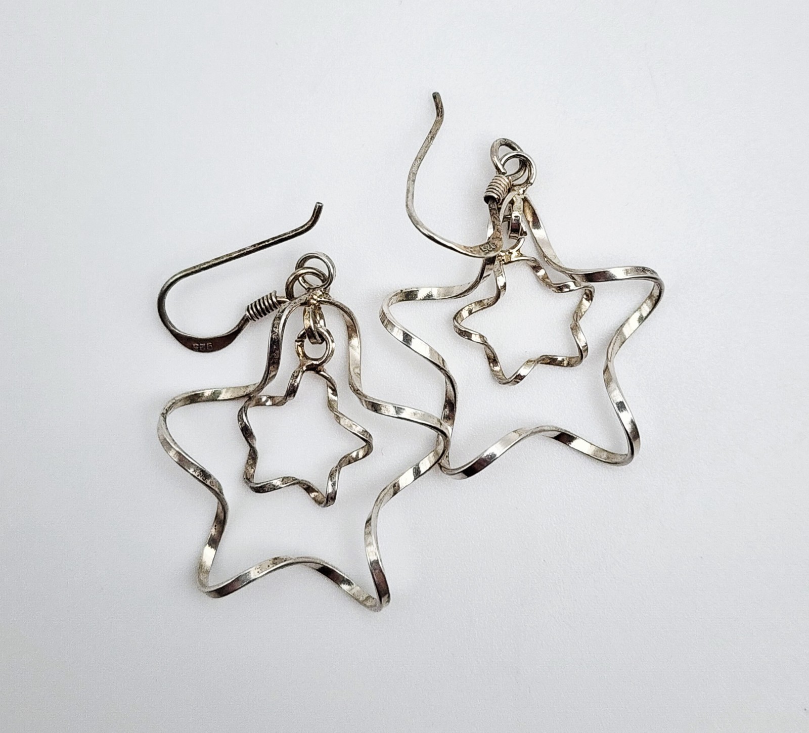 Vintage Sterling Silver Twisted Double Star Dangle Earrings