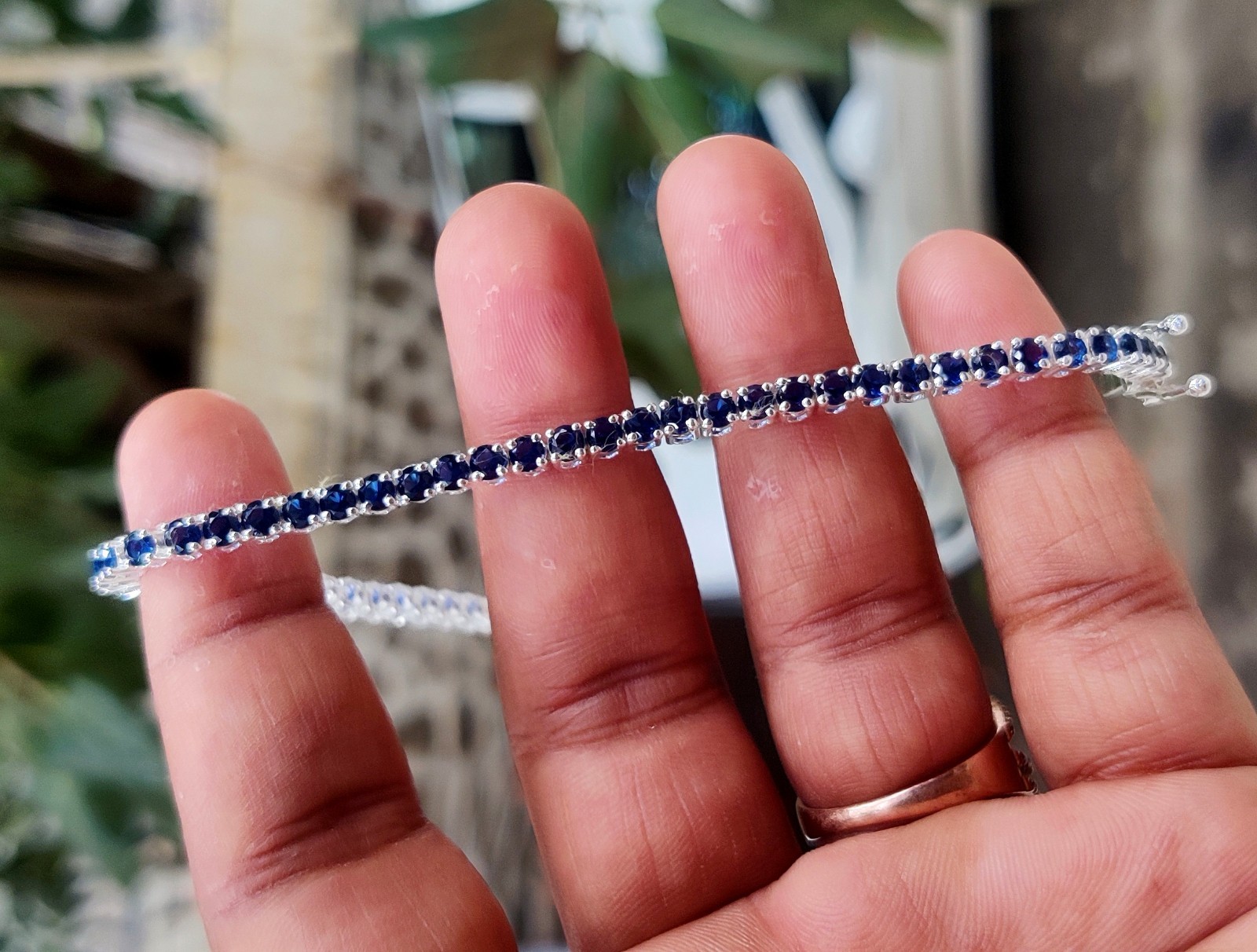 6Ct Lab Created Blue Sapphire Tennis Bracelet 7.5″ 14K White Gold Plated Silver