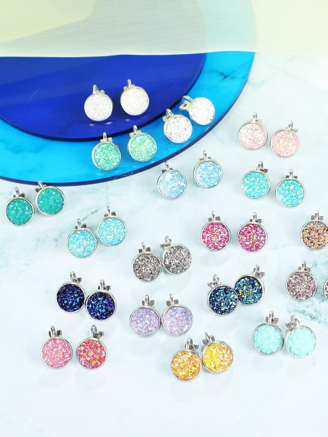 32 Pairs Clip on Earrings for Women Bohemian Round Faux Druzy Stud Earrings S…