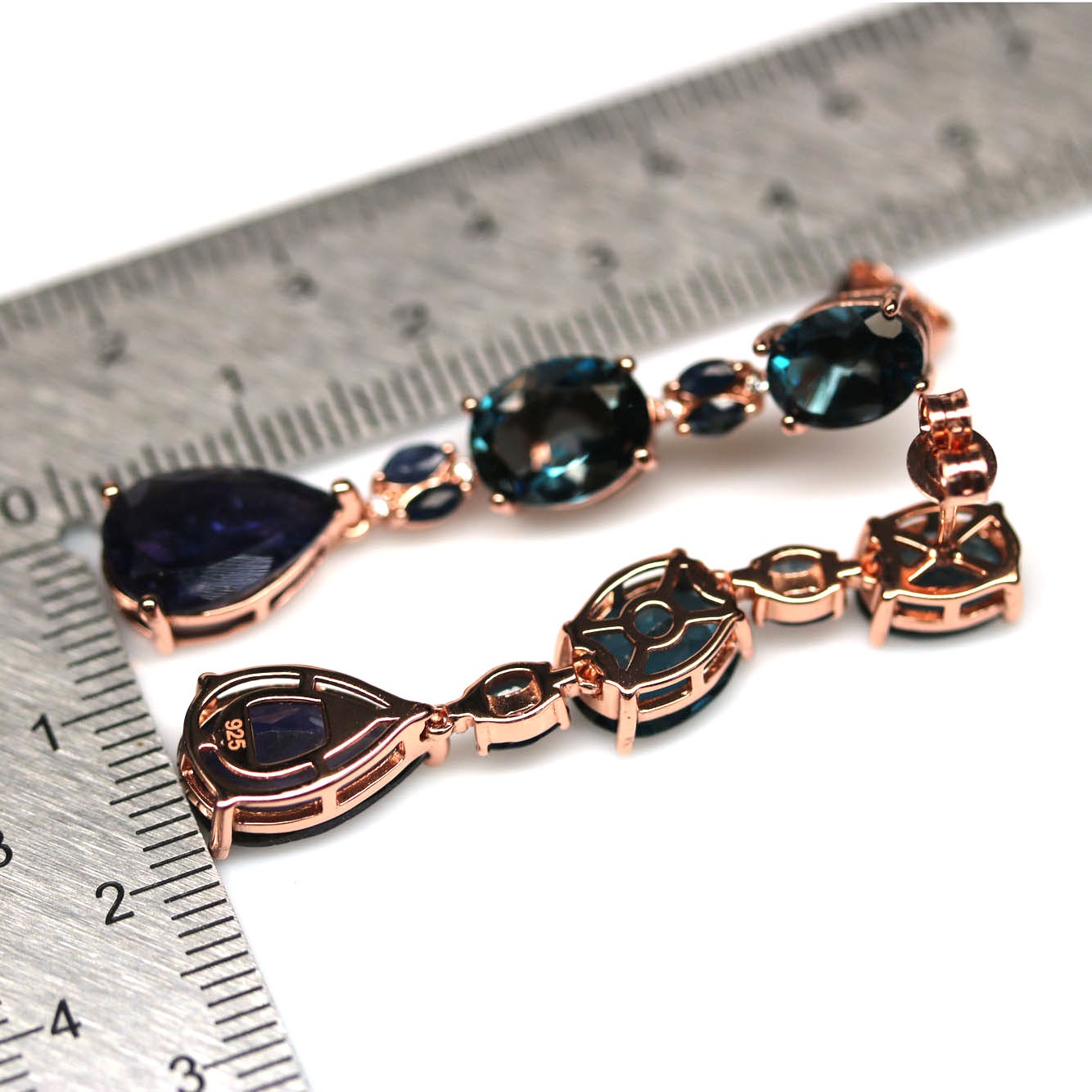 Handmade 925 Silver 7 x 11 mm. Blue Iolite Topaz Sapphire ZirconEarrings