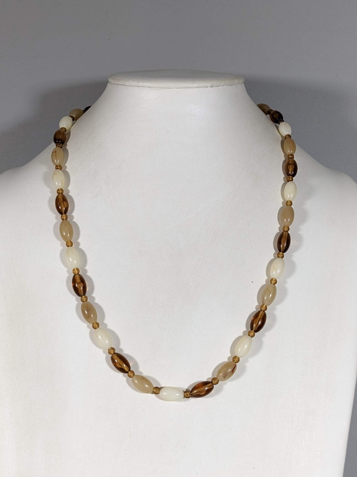Vintage Brown Ivory Color Acrylic Oval Bead Hook Clasp Necklace 24 inches