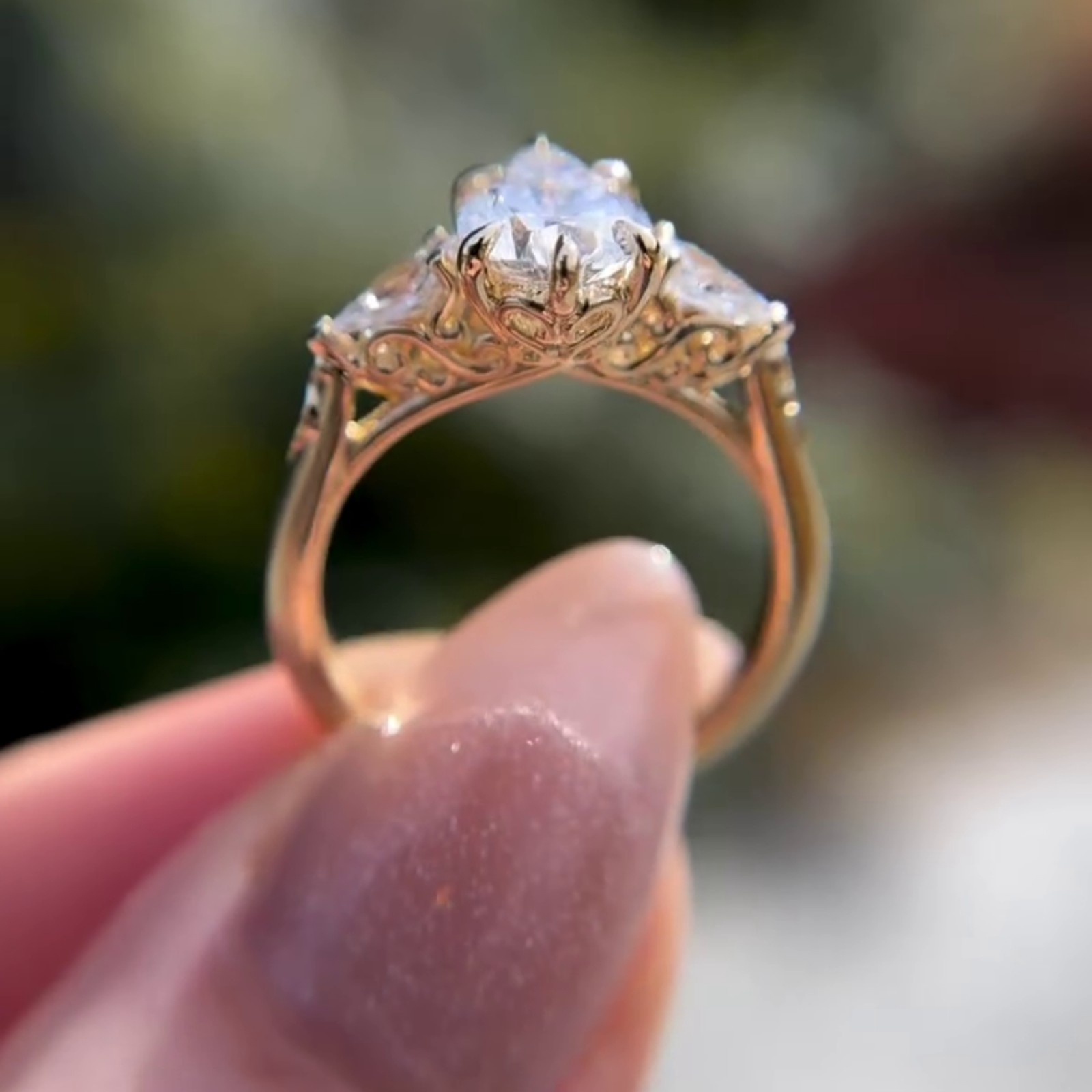Floral 3 CT Pear Three Stone Moissanite Side Stone Kite 14K Yellow Gold Plated