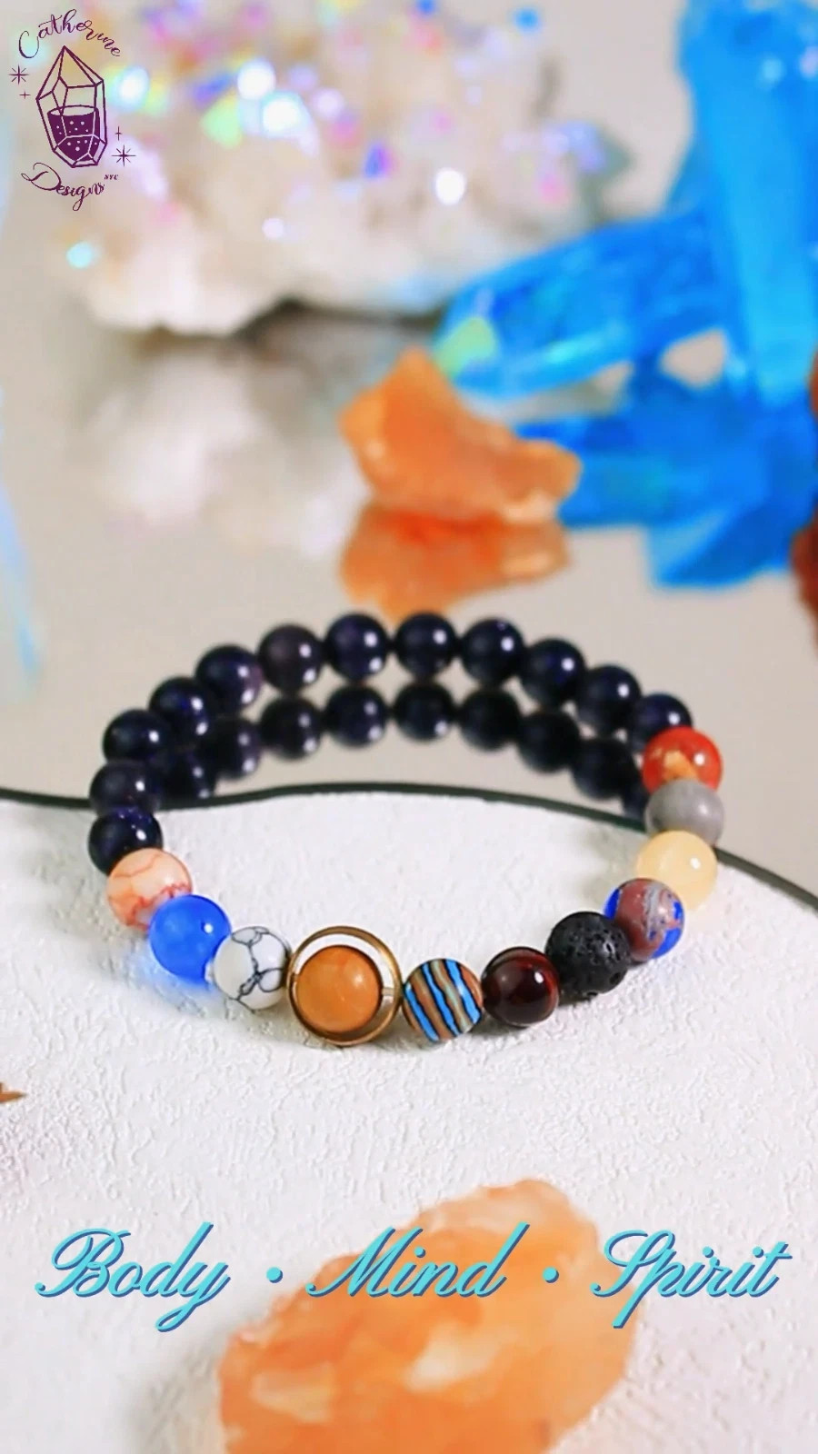 Universe Galaxy the Nine Planets Solar System Blue Sandstone Healing Bracelet
