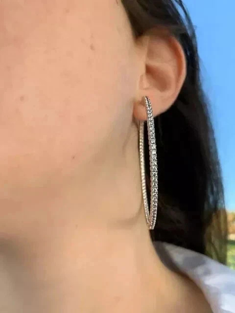4.00 CT Round Diamond Sterling Silver Lab Created Large Hoop Huggies Earrings