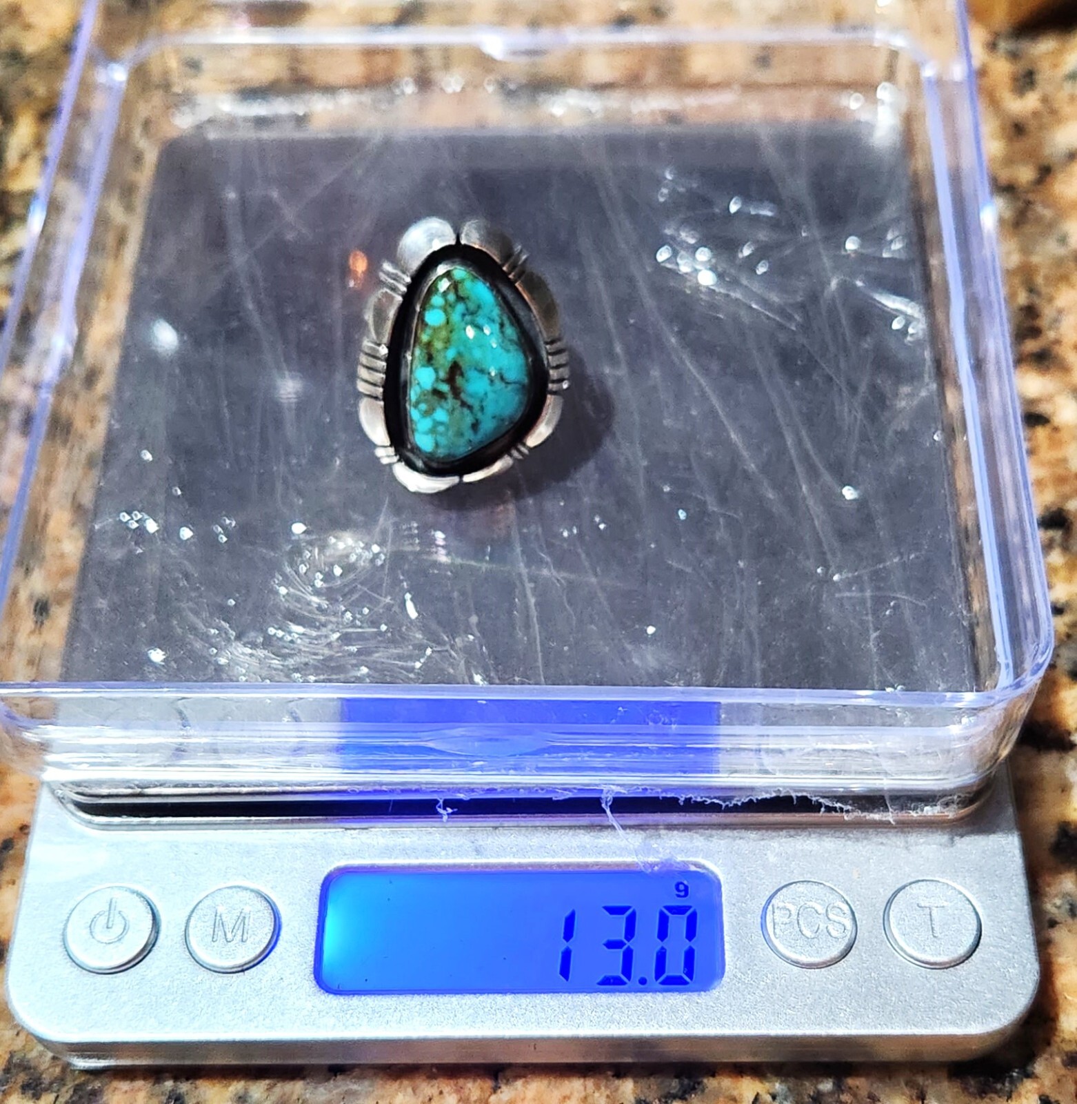 Artist Signed Platero Navajo Morenci Turquoise Shadow Box Sterling Silver Ring