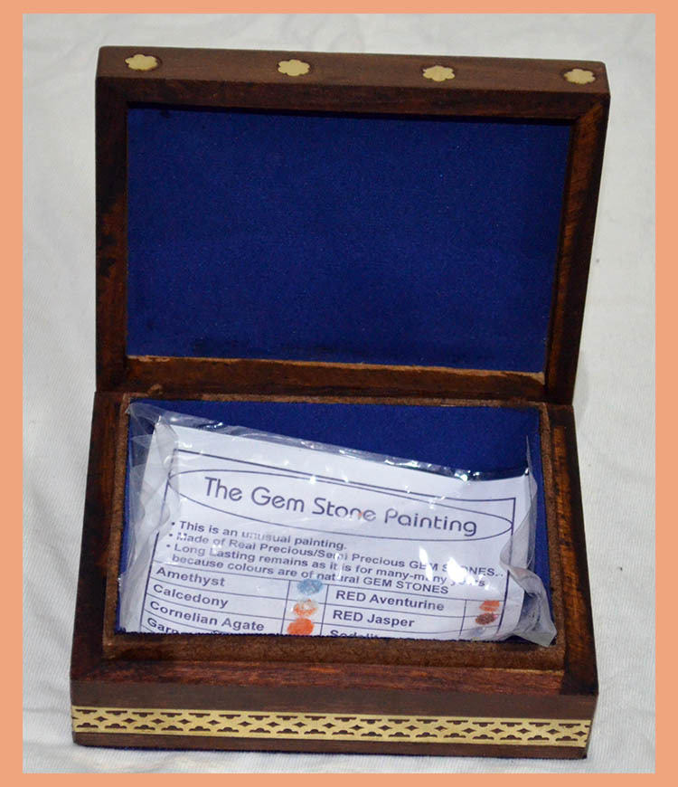 Designer wooden jewelry box with gem stone painting and brass border from India!