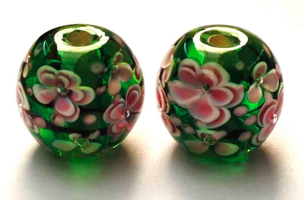 10pcs handmade Lampwork glass beads glass Pink plum flower round on Green 14mm