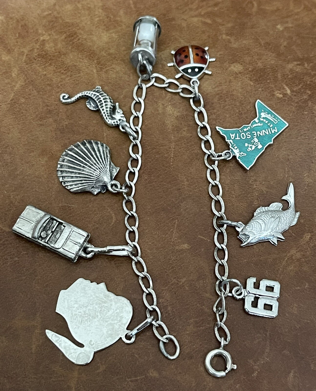 Vintage 9 Dangle Charms 925 Sterling Silver On Curb Link Chain Bracelet 7” In