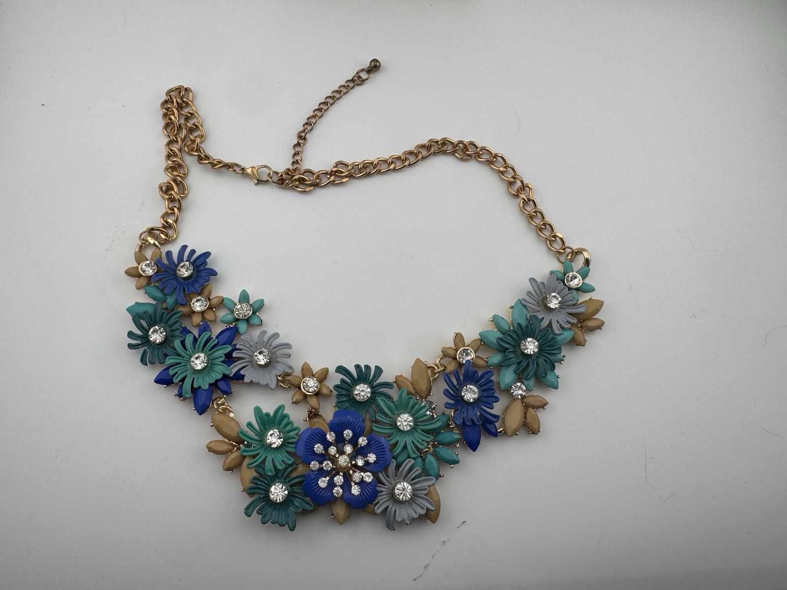 Statement Blues Green Grey Beige Flowers with a Rhinestone Centers