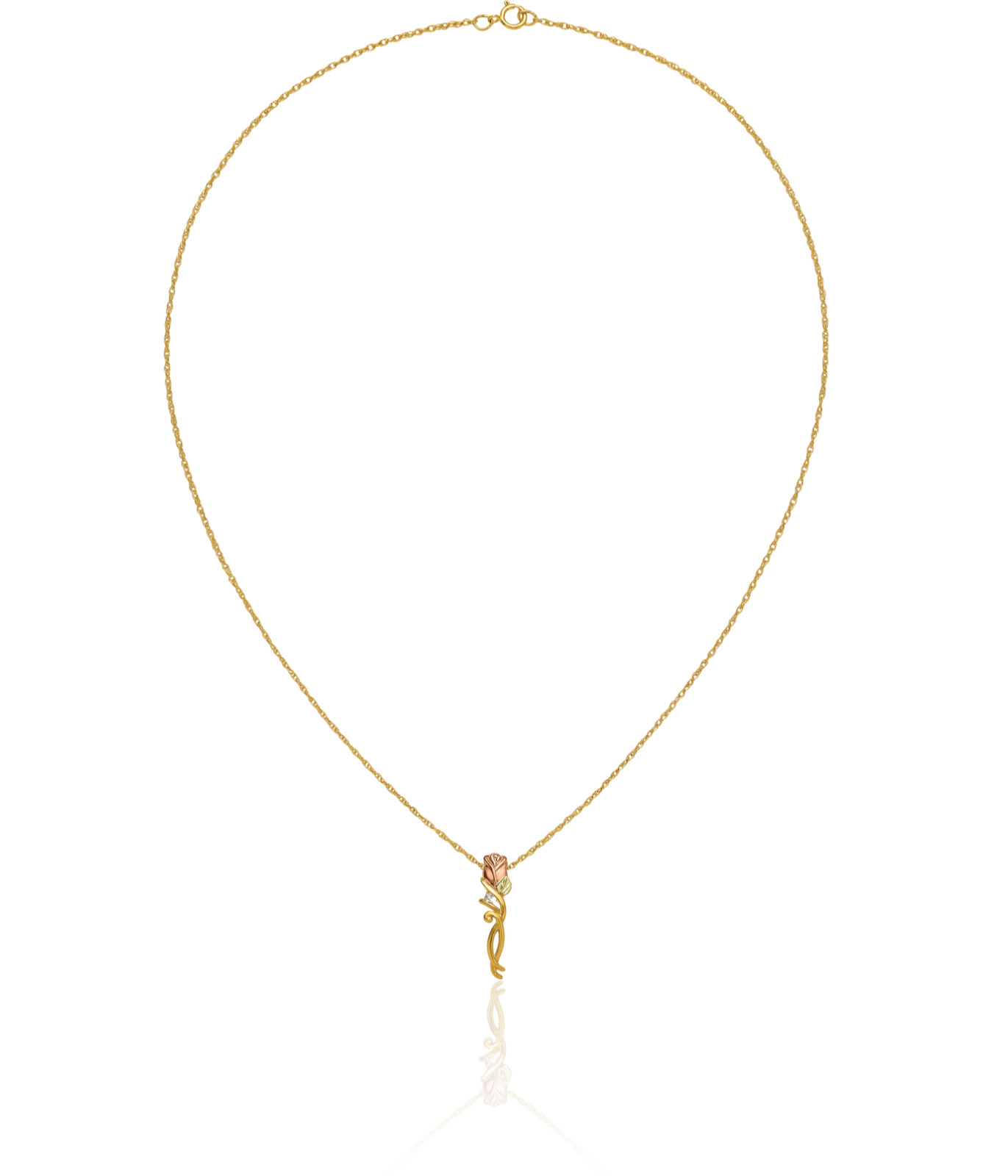 10K Solid Tri Color Gold 0.05 ct Diamond Small Rose Flower Leaf Pendant