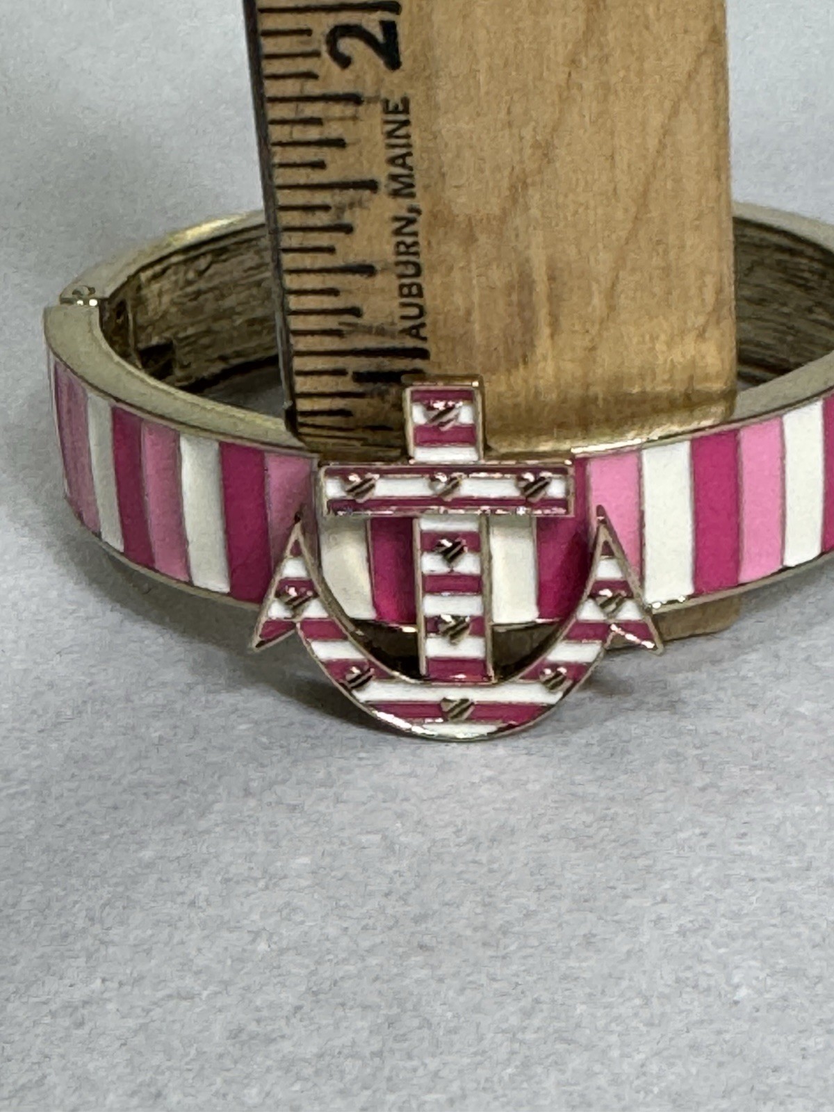 Betsey Johnson Nautical Pink & White Hinged Cuff Bangle Bracelet Anchor