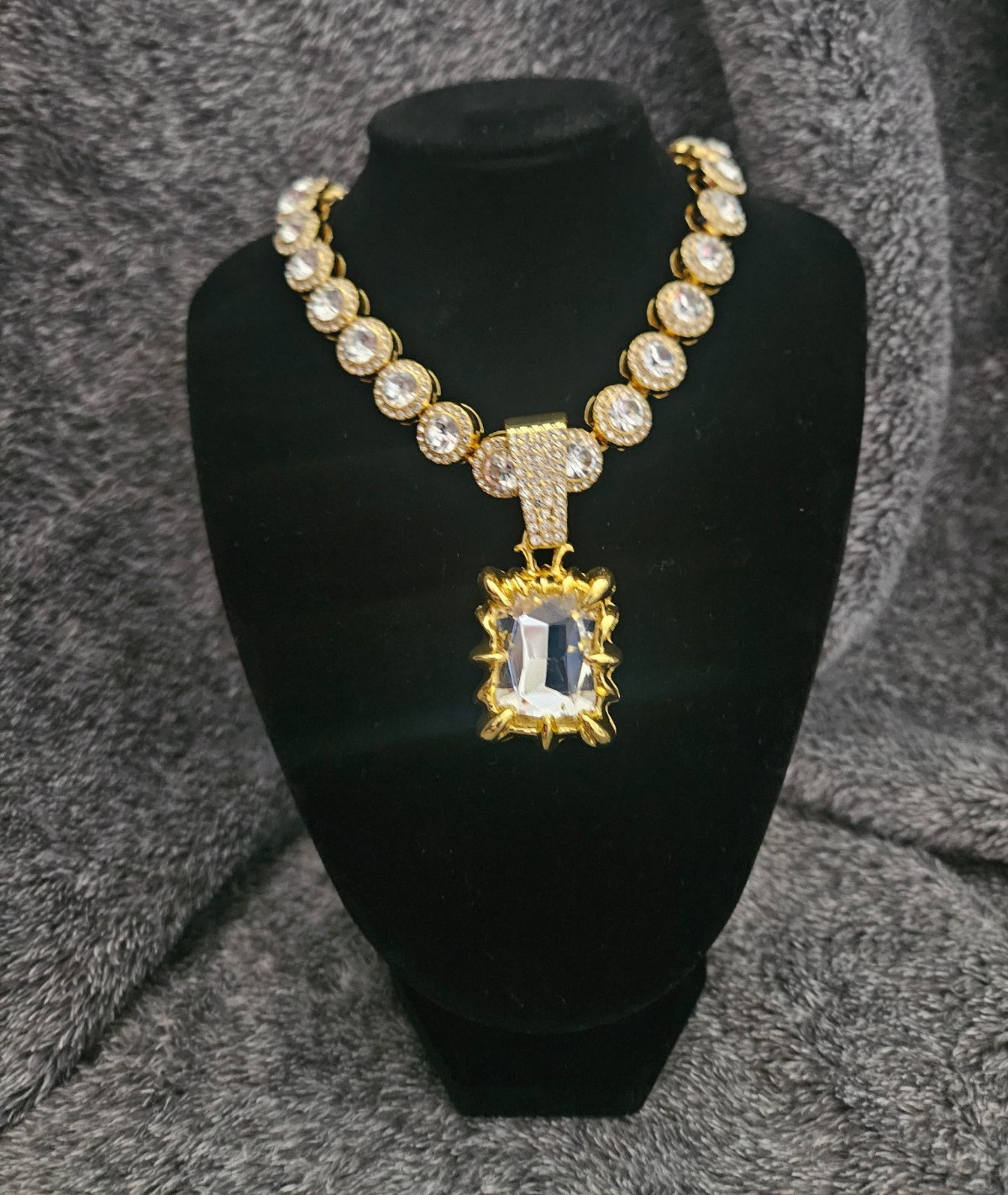 Gold Tone Link Chain Necklace w/ Clear CZ Rhinestone Rectangular Charm Pendant