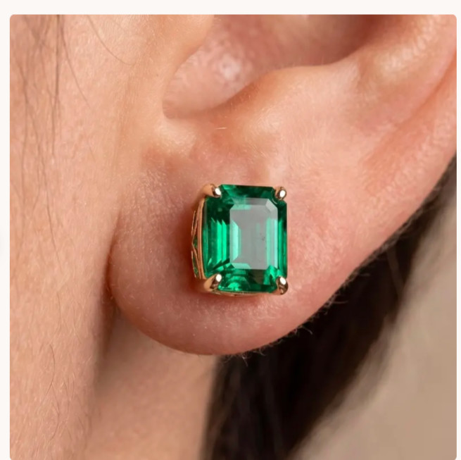 Natural Emerald 4Ct Emerald Cut Solitaire Stud Earring 14k White Gold Plated