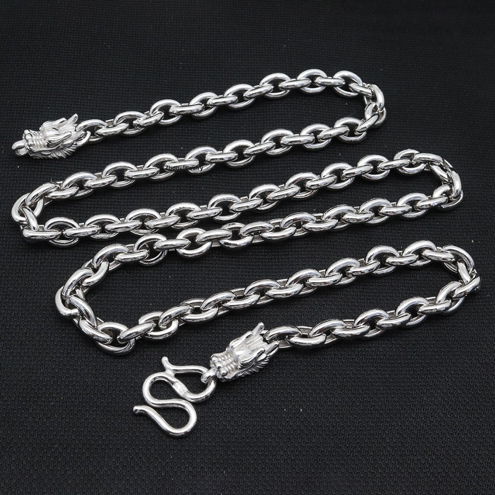 Pure 925 Sterling Silver Necklace 7mm Cable Link Dragon Head Chain 21.6inch L