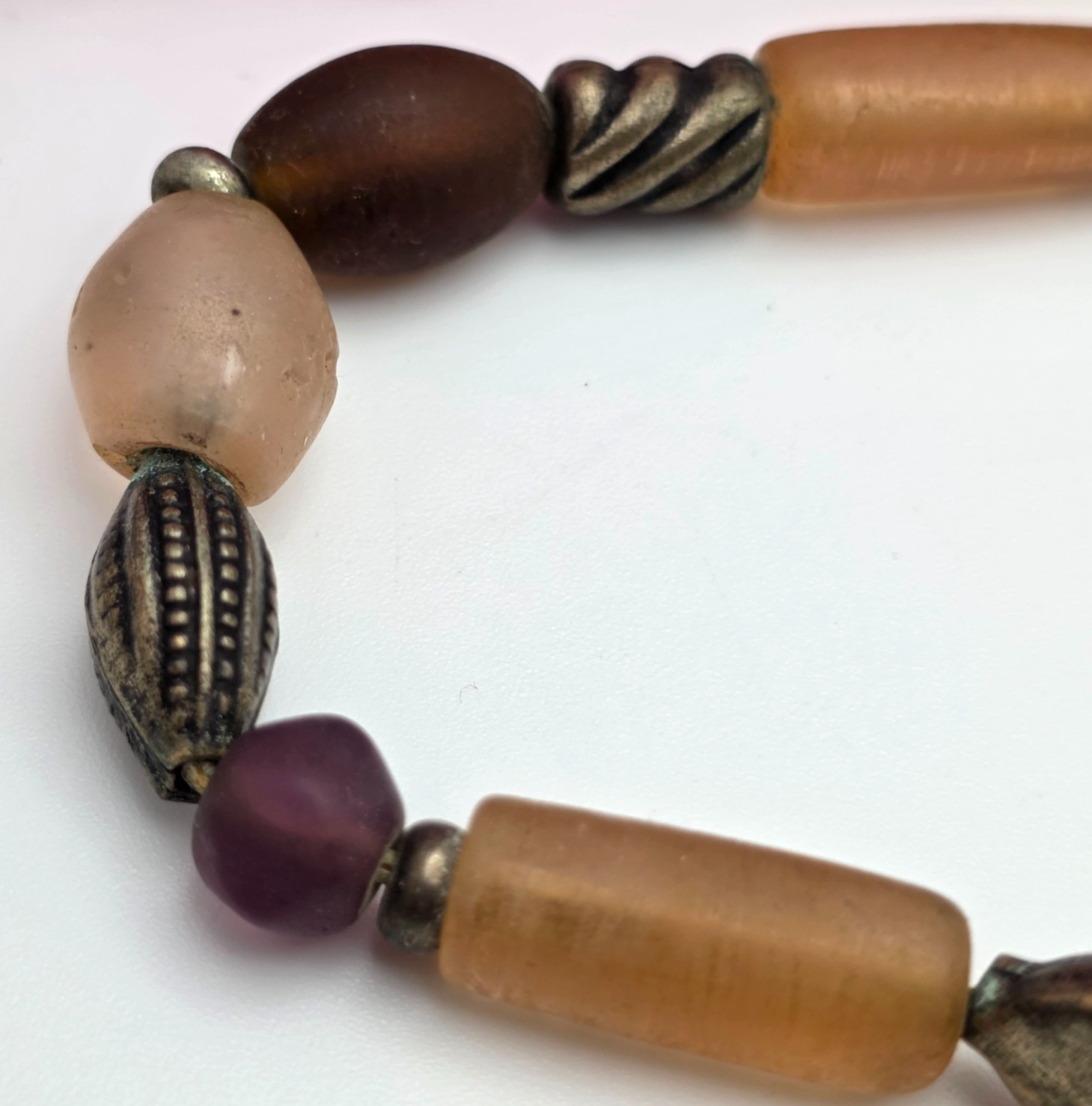 Vintage Boho Mixed Media Beaded Necklace Frosted Glass Tribal Artisan 32in