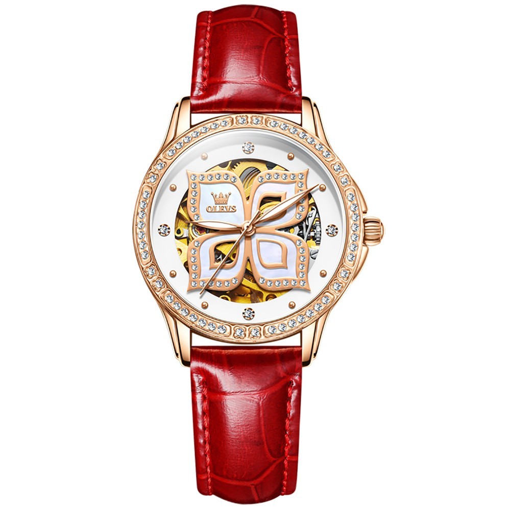 OLEVS 6612 Leather Ceramic Fashion Automatic Female Dress Mechanical Wristwatch