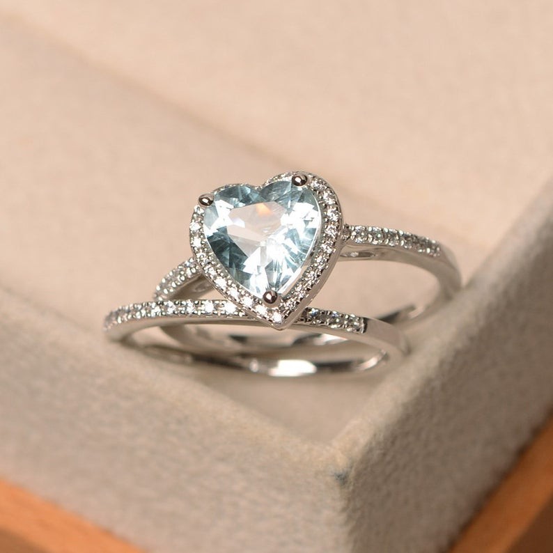 1.39 Ct Heart Natural Aquamarine Diamond Wedding Ring 14K White Gold Size 8