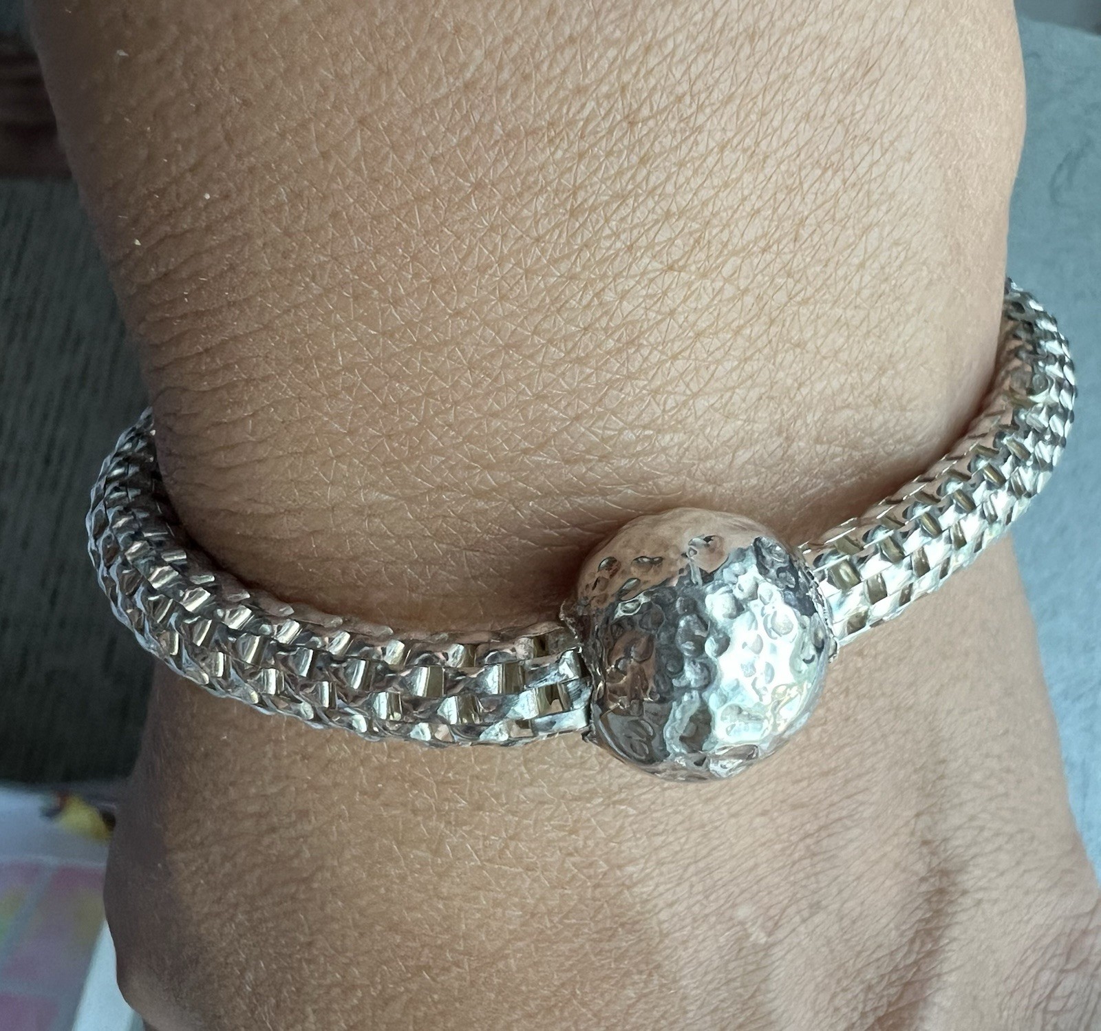 Italy 925 Sterling Silver Byzantine Chain stretch Bracelet with Hammered Ball