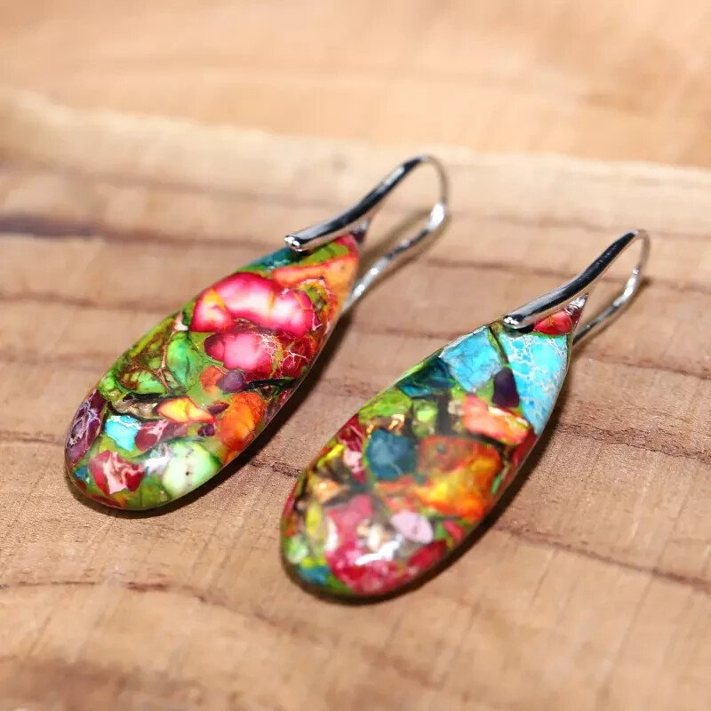 Natural Tropic Sea Sediment Jasper Stone Teardrop Earrings for Inner Peace Heal