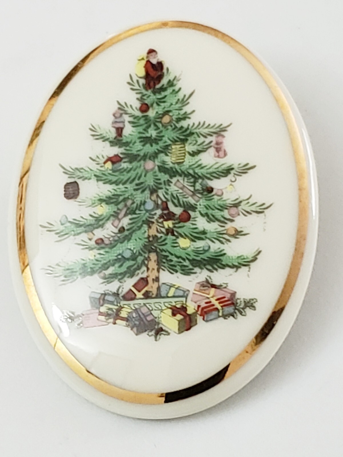 Vintage Signed SPODE Porcelain Oval Gold Trim Christmas Tree Brooch Pin, SIGNED