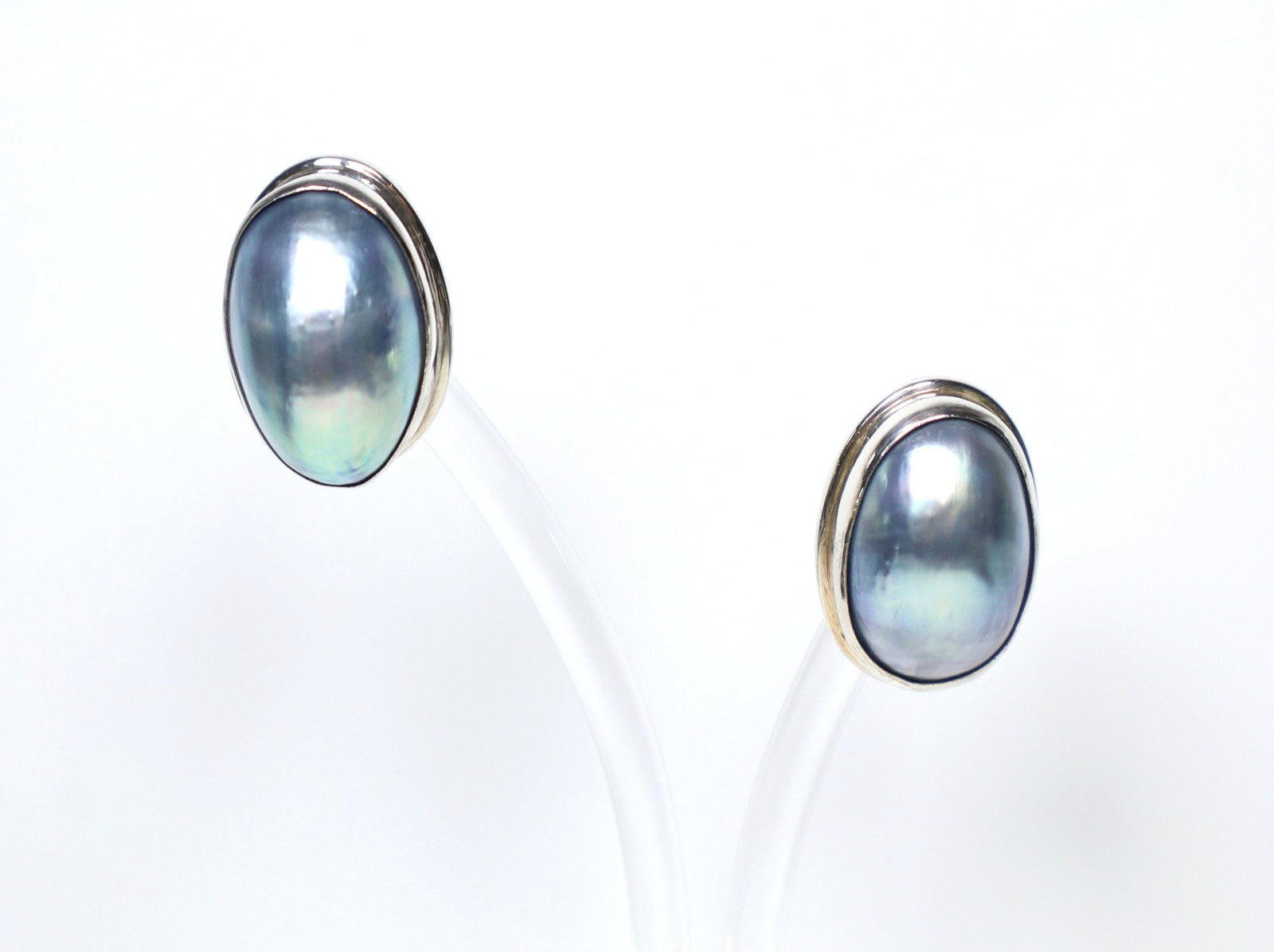 Vintage Blue Mabe Pearl 925 Sterling Silver Stud Post Earrings Large Oval Shape