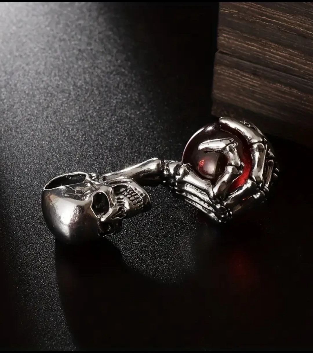 Skeleton Hand Skull Pendant Necklace with Red Orb, Silver Ball Chain Gothic